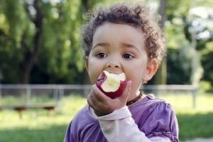 Child child eating an apple in a park in nature.