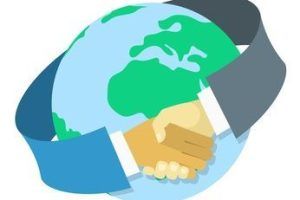 Modern flat conceptual vector illustration of international business cooperation in the form of a handshake around earth globe in modern flat style. Isolated on white
